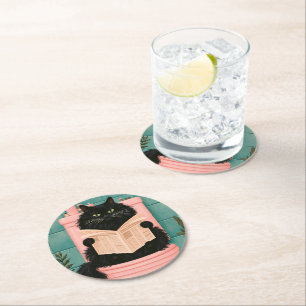 Posavasos Redondo De Papel Gato negro divertido en el baño 