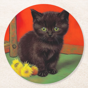 Posavasos Redondo De Papel Gato negro estilo Van Gogh