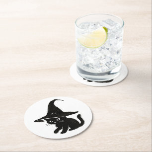 Posavasos Redondo De Papel Gato negro minimalista con diseño de sombrero de b