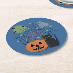 Posavasos Redondo De Papel Gato negro y calabaza no asusta Halloween