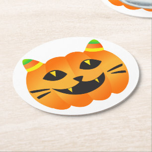 Posavasos Redondo De Papel Gato-o'-Lantern de Halloween