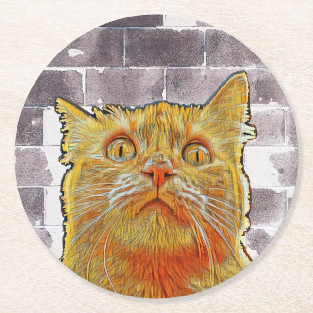 Posavasos Redondo De Papel Gato Rojo en Problemas. (Anverso)