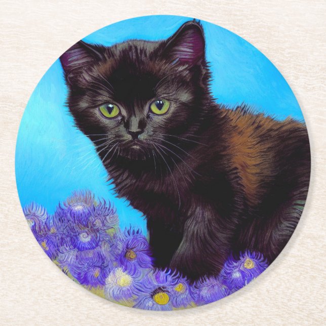 Posavasos Redondo De Papel Gato Van Gogh y flores (Anverso)