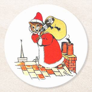 Posavasos Redondo De Papel Gato vintage Santa Claus (Navidades), Louis Wain