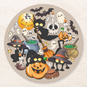 Posavasos Redondo De Papel Gatos divertidos de Halloween en una fiesta