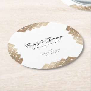 Posavasos Redondo De Papel Gatsby de oro blanco geométrico por Boda