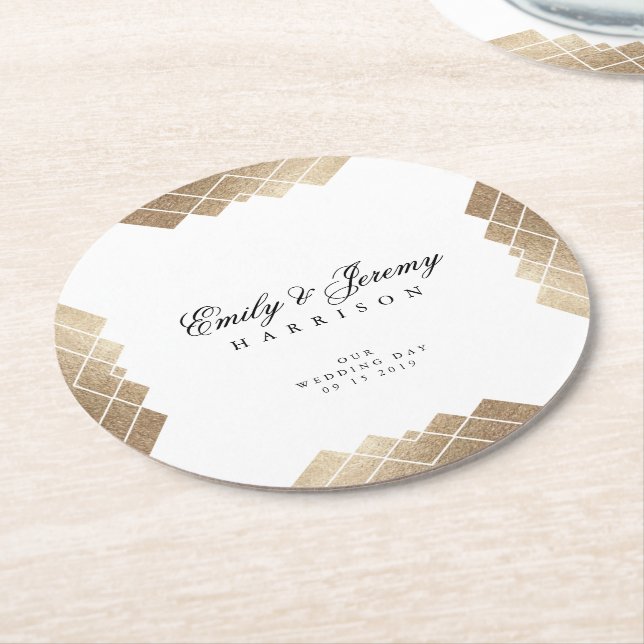 Posavasos Redondo De Papel Gatsby de oro blanco geométrico por Boda (En perspectiva)