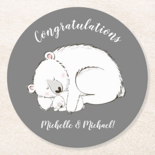 Posavasos Redondo De Papel Género gris intenso de oso polar Baby Shower neutr