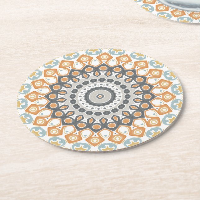 Posavasos Redondo De Papel Geometric Mandala in Orange, Gray, and Blue (En perspectiva)