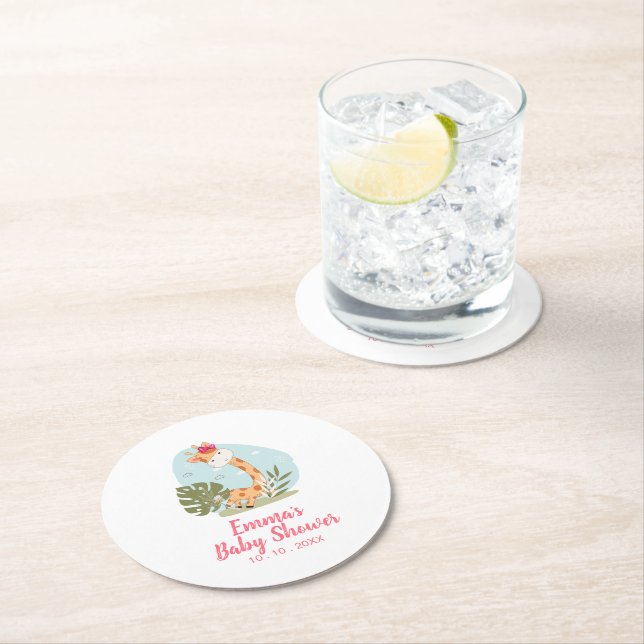 Posavasos Redondo De Papel Giraffe Baby Shower Napkin (Chica Safari Animal) (In situ)