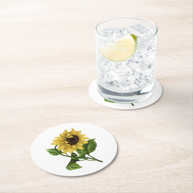 Posavasos Redondo De Papel Girasol amarillo vintage (In situ)