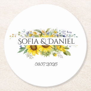 Posavasos Redondo De Papel Girasol azul flor silvestre boda blanca