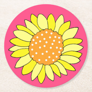Posavasos Redondo De Papel Girasol Dibujado a Mano Fondo Rosa