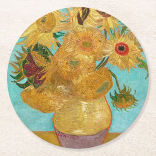 Posavasos Redondo De Papel Girasoles, pintura de naturaleza muerta postimpres