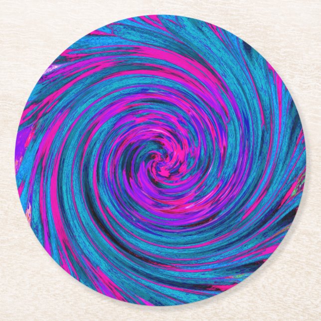 Posavasos Redondo De Papel Giro retro rosa caliente, púrpura y azul (Anverso)