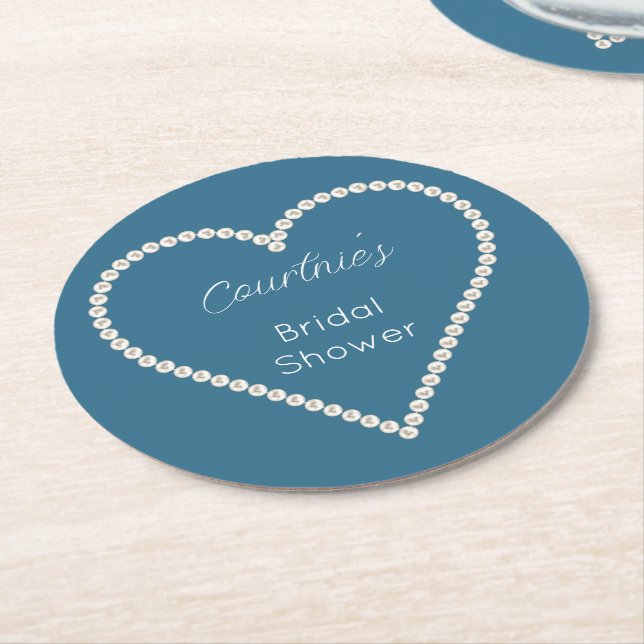 Posavasos Redondo De Papel Glam Blue Pearls Bridal Shower (En perspectiva)