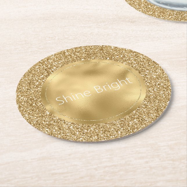 Posavasos Redondo De Papel Glam Gold Glitzy Purpurina      (En perspectiva)