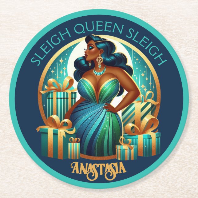 Posavasos Redondo De Papel Glamorosa mujer negra festividad Navidades elegant (Anverso)