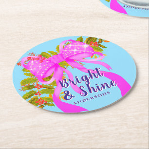 Posavasos Redondo De Papel Glittering Pink Ribbon Navidades Blue
