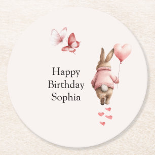 Posavasos Redondo De Papel Globo de corazón de conejo mariposas rosadas cumpl