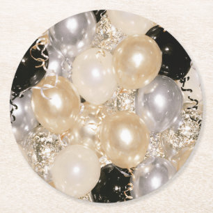 Posavasos Redondo De Papel Globos de oro negro plata blanco Confeti