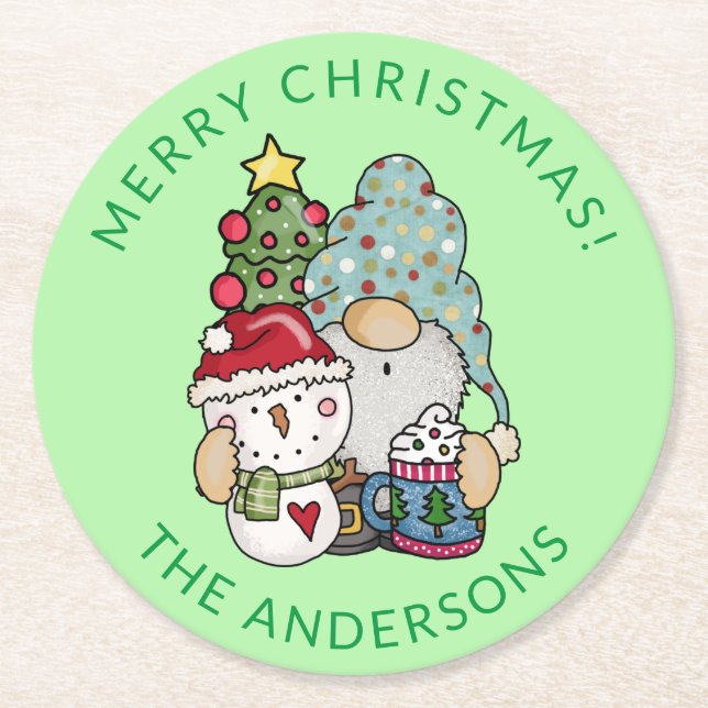Posavasos Redondo De Papel Gnome Navidad (Anverso)