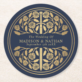 Posavasos Redondo De Papel Gold Blue Royal Medieval Sword Wedding