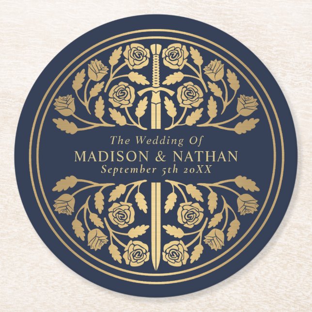 Posavasos Redondo De Papel Gold Blue Royal Medieval Sword Wedding (Anverso)