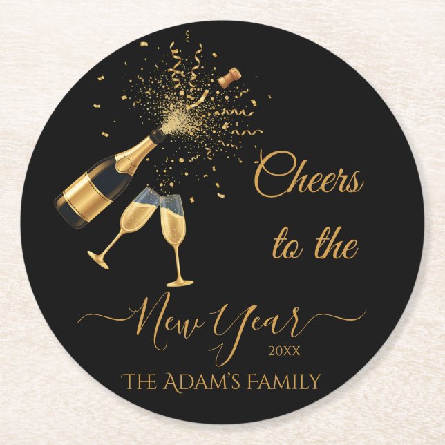 Posavasos Redondo De Papel  Gold Champagne Cheers New Year (Anverso)