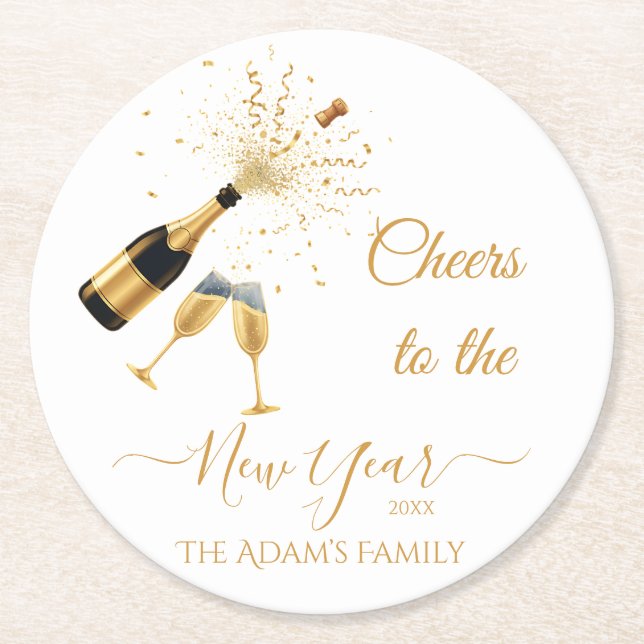 Posavasos Redondo De Papel  Gold Champagne Cheers New Year (Anverso)