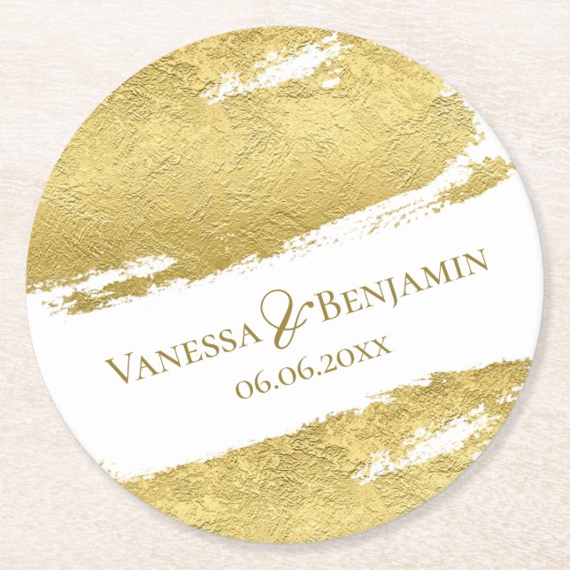 Posavasos Redondo De Papel Gold foil brush stroke elegant modern wedding (Anverso)