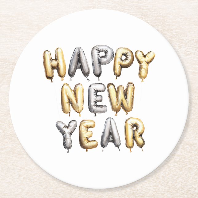 Posavasos Redondo De Papel Gold Grey Happy New Year (Anverso)