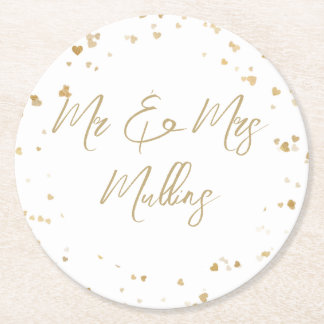 Posavasos Redondo De Papel Gold Heart Wedding Coaster