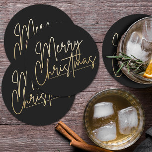 Posavasos Redondo De Papel Gold Merry Christmas Black