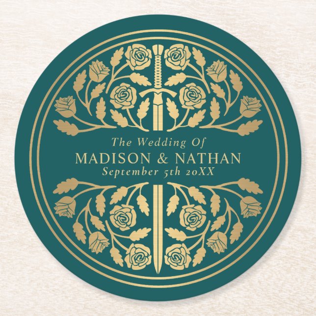 Posavasos Redondo De Papel Gold Teal Royal Medieval Sword Wedding (Anverso)