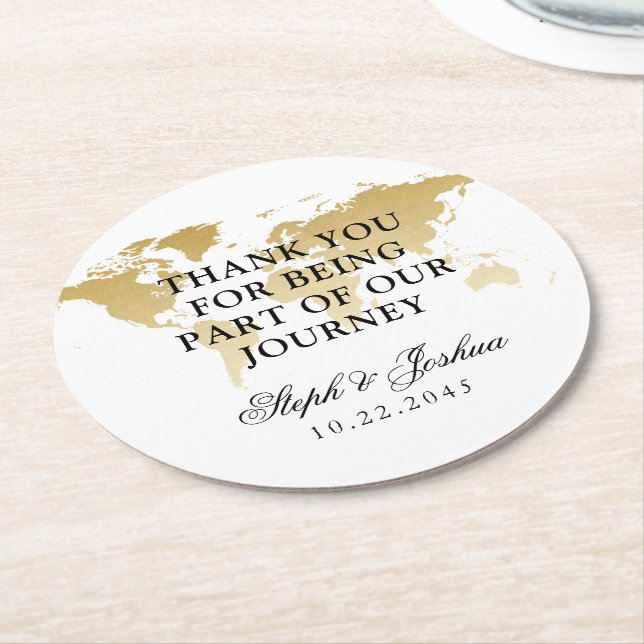 Posavasos Redondo De Papel Gold World Map Travel Gracias a Boda Favor (En perspectiva)
