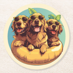 Posavasos Redondo De Papel Golden Retriever Dogs Summer Pool Floats