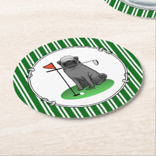 Posavasos Redondo De Papel Golf Pug Jugando Golf (negro) Cute Dog Funny