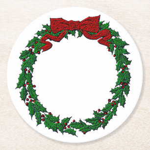 Posavasos Redondo De Papel Grabado en relieve Look Holly Wreath