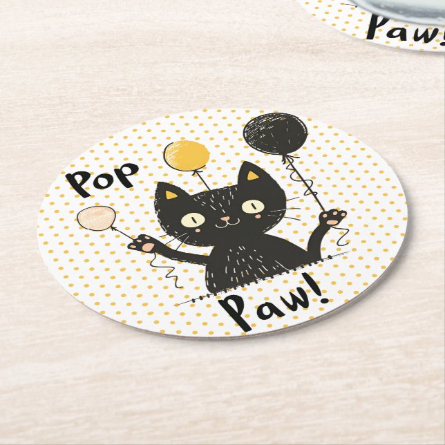 Posavasos Redondo De Papel Gracioso gato negro con globos-cumpleaños (En perspectiva)