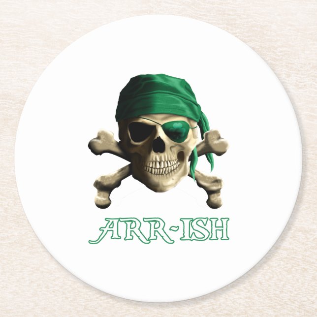 Posavasos Redondo De Papel Gracioso irlandés Jolly Roger Pirate Skull ARR-ISH (Anverso)