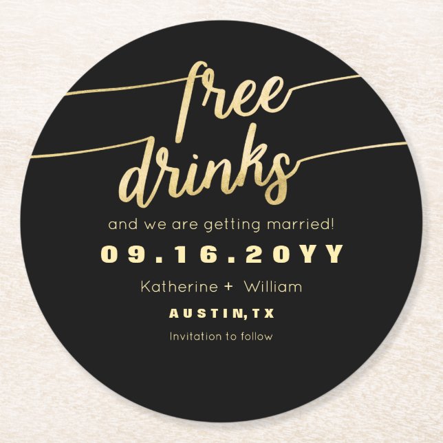 Posavasos Redondo De Papel Graciosos Faux Gold Script Bebidas Gratuitas Guard (Anverso)
