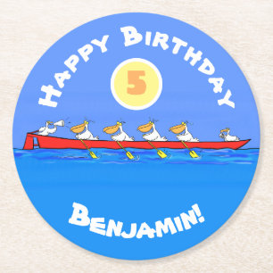 Posavasos Redondo De Papel Graciosos pelícanos remando ilustracion personaliz