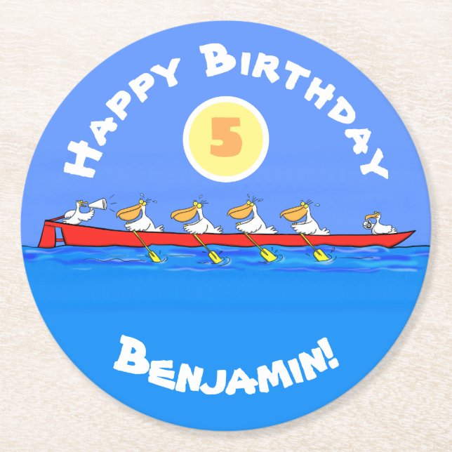 Posavasos Redondo De Papel Graciosos pelícanos remando ilustracion personaliz (Anverso)