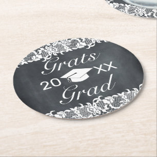 Posavasos Redondo De Papel Graduación de pizarra y de encaje blanco