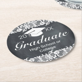 Posavasos Redondo De Papel Graduación del tapón del Gorra de encaje blanco y