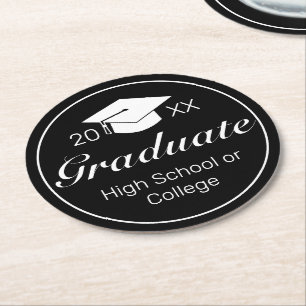 Posavasos Redondo De Papel Graduación moderna Minimalista en blanco negro