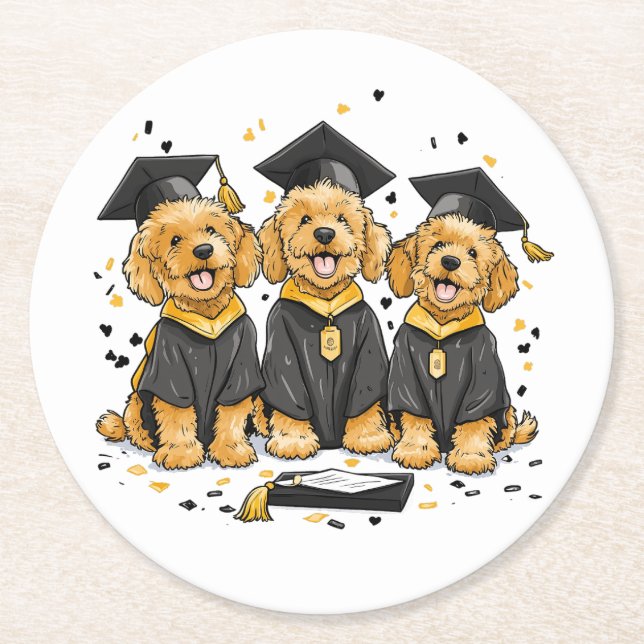 Posavasos Redondo De Papel Graduación Perros Goldendoodle (Anverso)