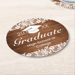 Posavasos Redondo De Papel Graduación Rústica de Madera y Cargo Blanco