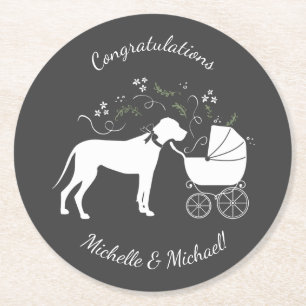 Posavasos Redondo De Papel Gran Perro Danés Baby Shower Gris porcino